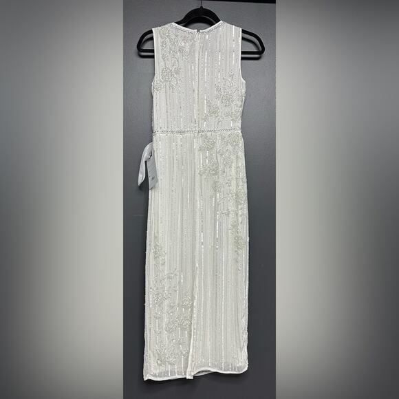 NWT Mac Duggal Striped Floral Embellished Sleeveless Midi Dress 2 White 70260 - Picture 9 of 10